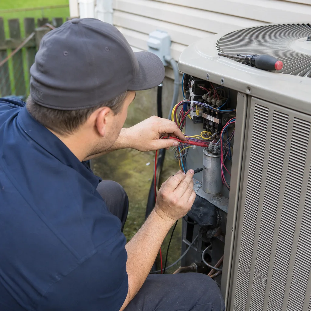 HVAC technician testing air conditioning capacitor with a multimeter