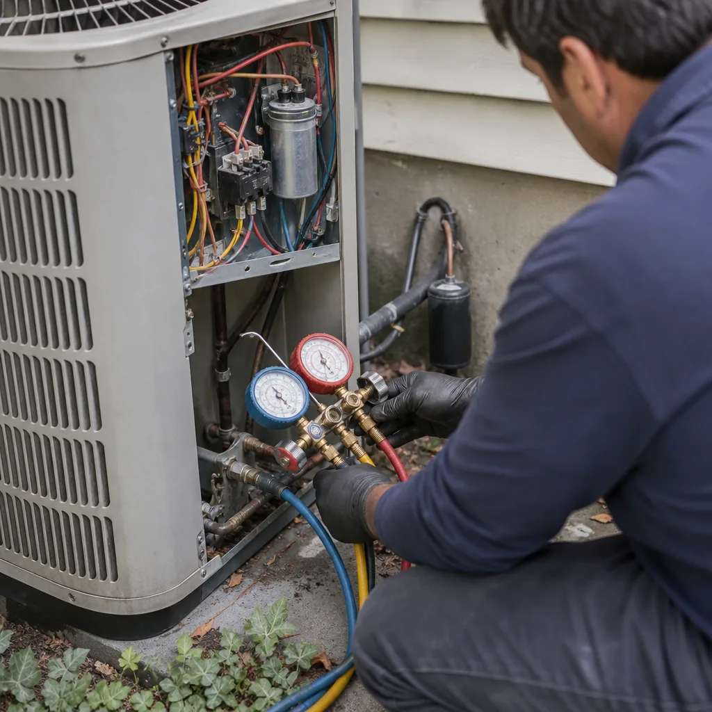 HVAC technician performing AC installation and testing on outdoor unit